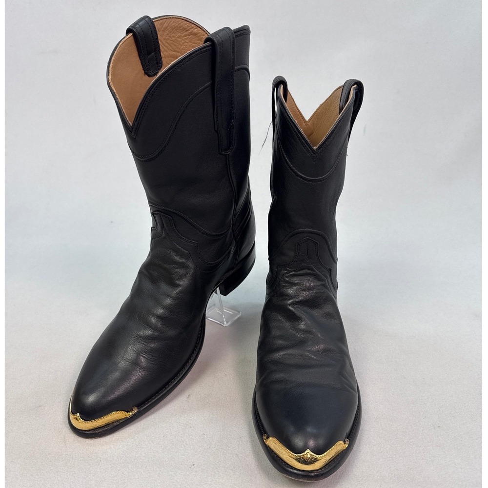 Tecovas The Earl Mens 12D Midnight Black Calfskin Roper Boots with Gold Toe Tips